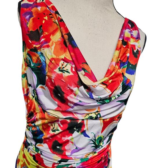 Lauren Ralph Lauren Cowl Neck Wiggle Dress Sz 12 Ruched Watercolor Bloom NWT - Picture 2 of 9